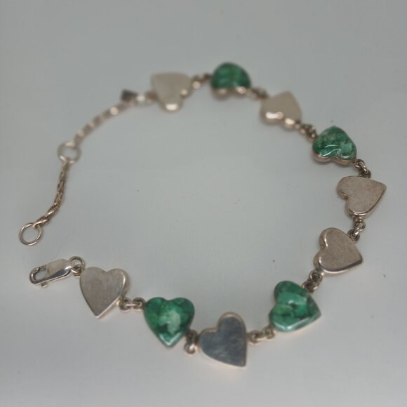 Vintage Mexican Malachite Sterling Silver Heart Bracelet. - Picture 5 of 5
